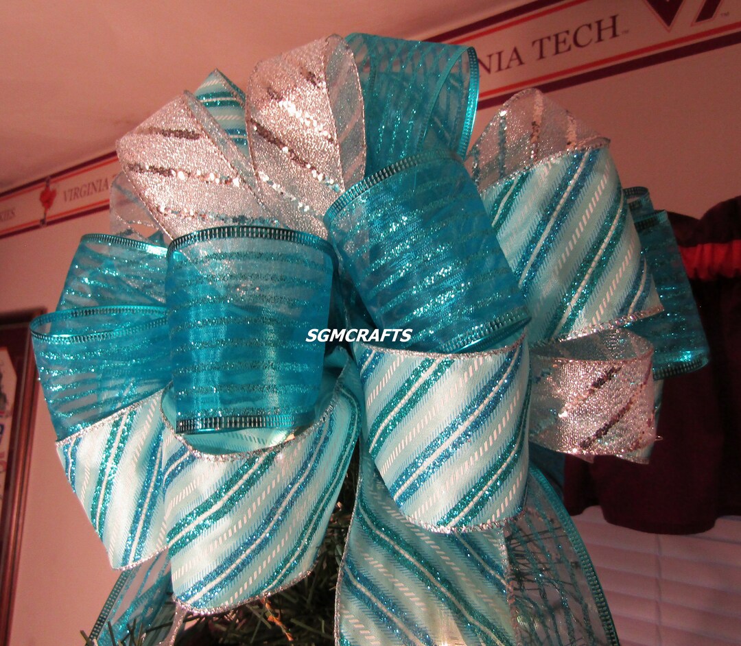 Turquoise and Silver Wired Ribbon Christmas Tree Topper Bow Turquoise