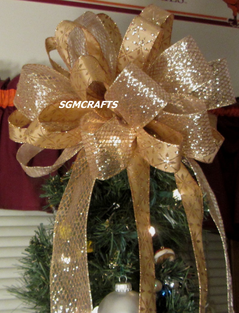 Champagne Wired Ribbon Christmas Tree Topper Bow Champagne Bow Etsy