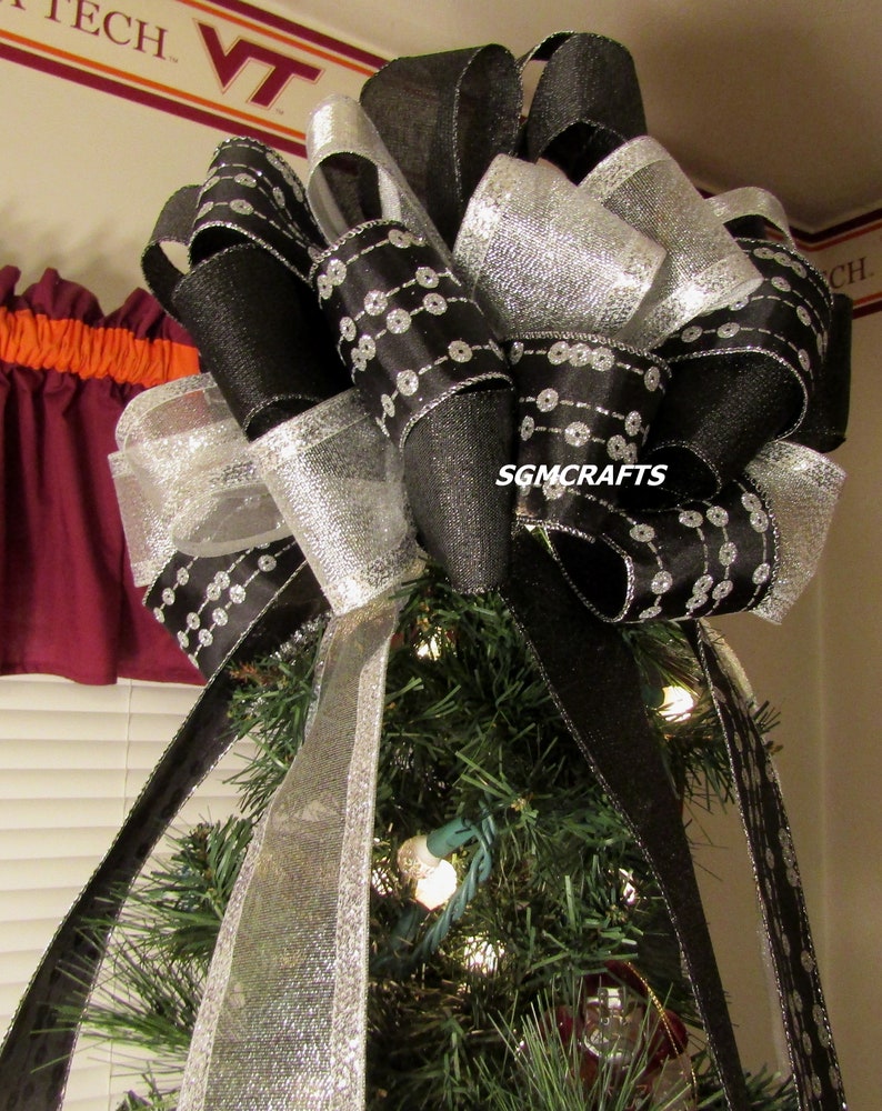 Black and Silver Christmas Tree Topper Bow Holiday Tree Topper Etsy