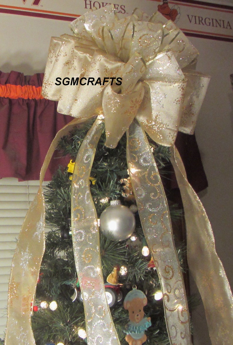 Ivory and Gold Christmas Tree Topper Bow Ivory Tree Topper Christmas Tree Topper Champagne Tree Topper Holiday Tree Topper Yule Tree Topper