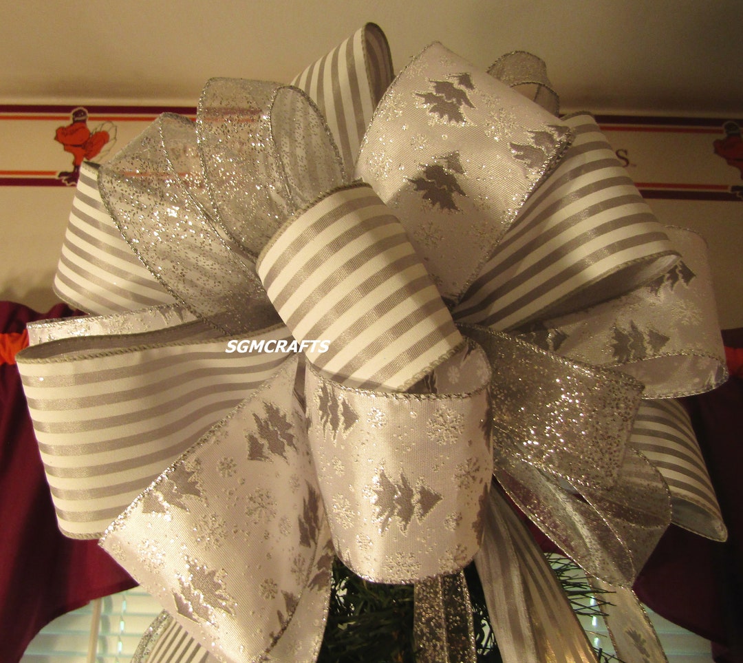 Silver and White Wired Ribbon Christmas Tree Topper Bow Holiday Tree Topper Bow Wired Ribbon