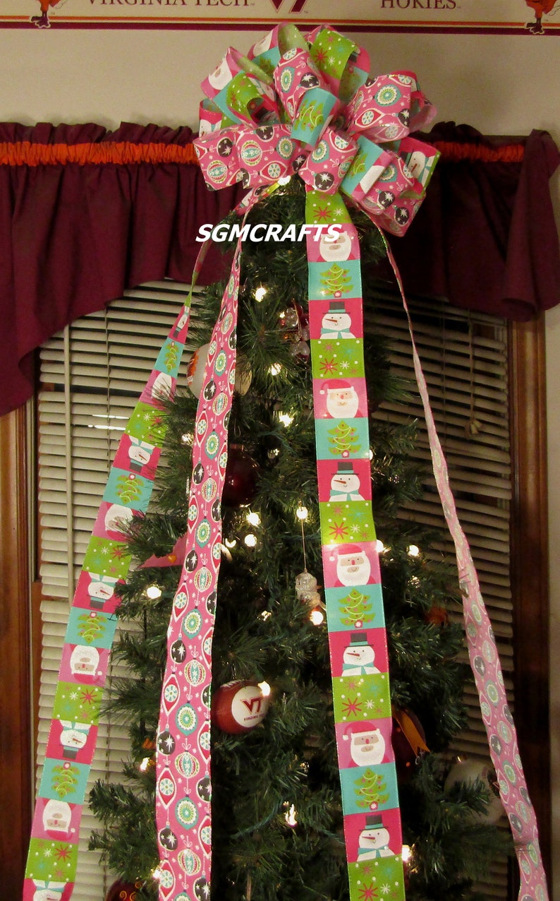 Pink Green and Blue Tree Topper Bow Pink Green and Blue Snowman and ...
