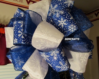 Royal Blue and White Snowflake Christmas Tree Topper Christmas Tree Bow Holiday Bow Blue Bow Yule Tree Topper Bow Winter Tree Topper