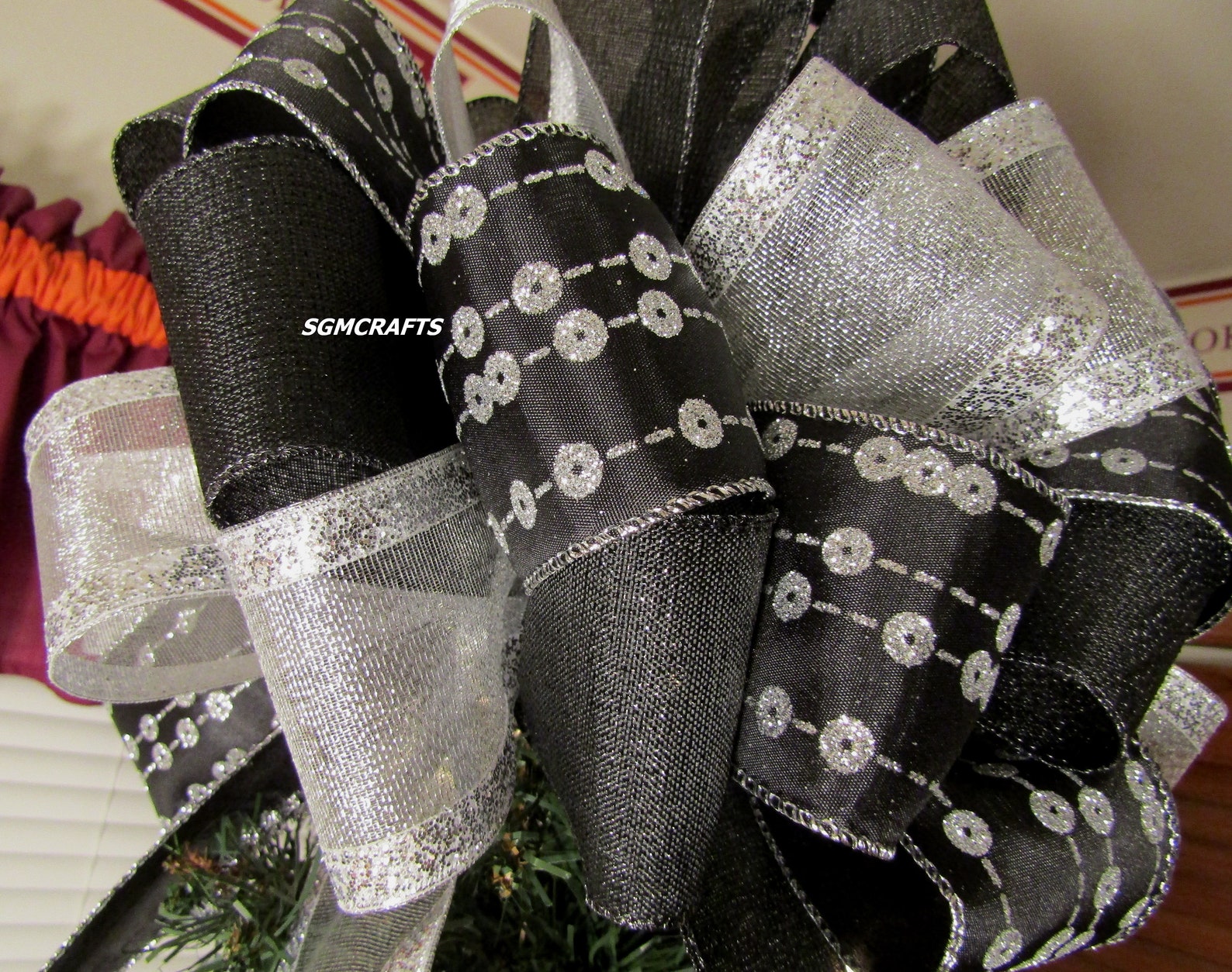 Black and Silver Christmas Tree Topper Bow Holiday Tree Topper Etsy