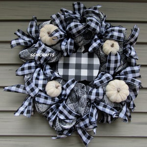 Black and White Plaid Thankful and Blessed Wreath Black and White Autumn Wreath Fall Wreath Thanksgiving Wreath Autumn Wreath Blessed Wreath