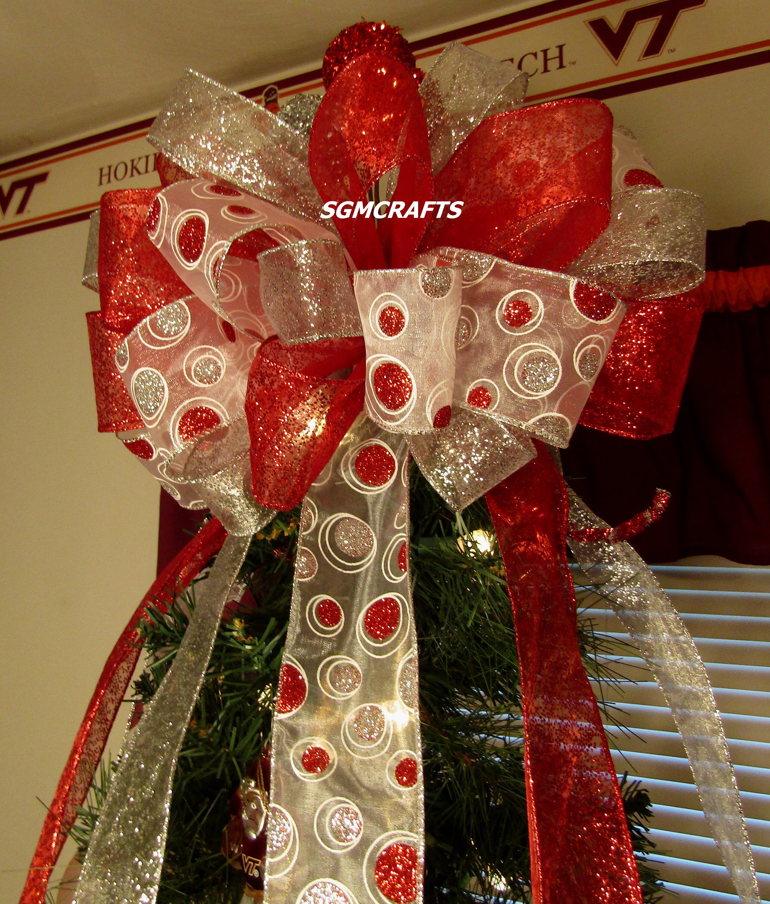 Silver and Red Polka Dot Wired Ribbon Christmas Tree Topper Bow Silver ...