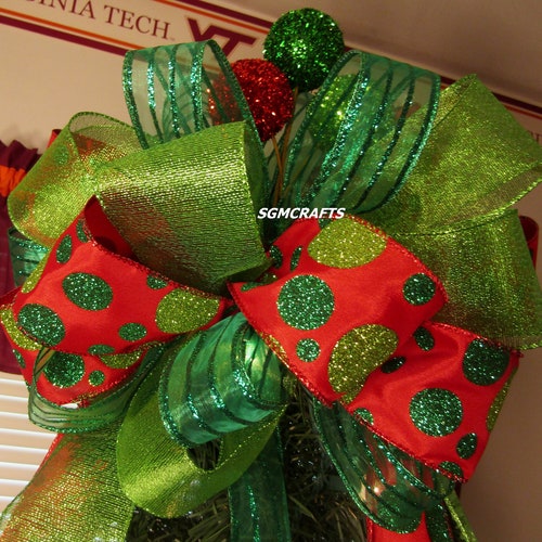 Red White and Emerald Green Christmas Tree Bow Topper With Etsy