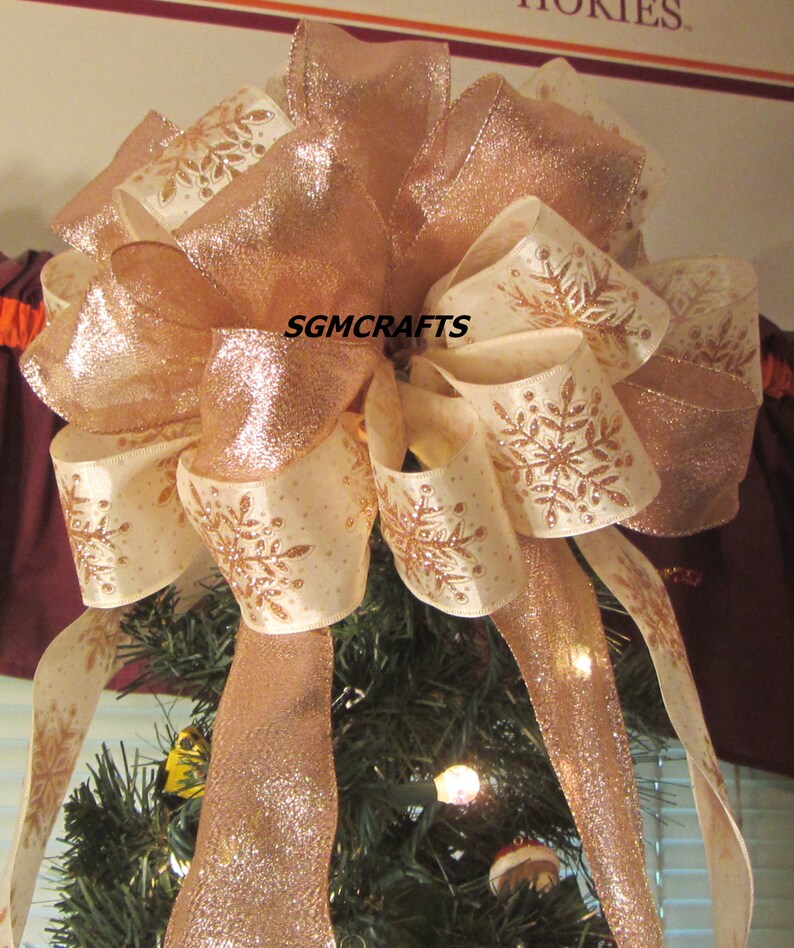 Blush Pink Snowflake Wired Ribbon Christmas Tree Topper Bow Etsy