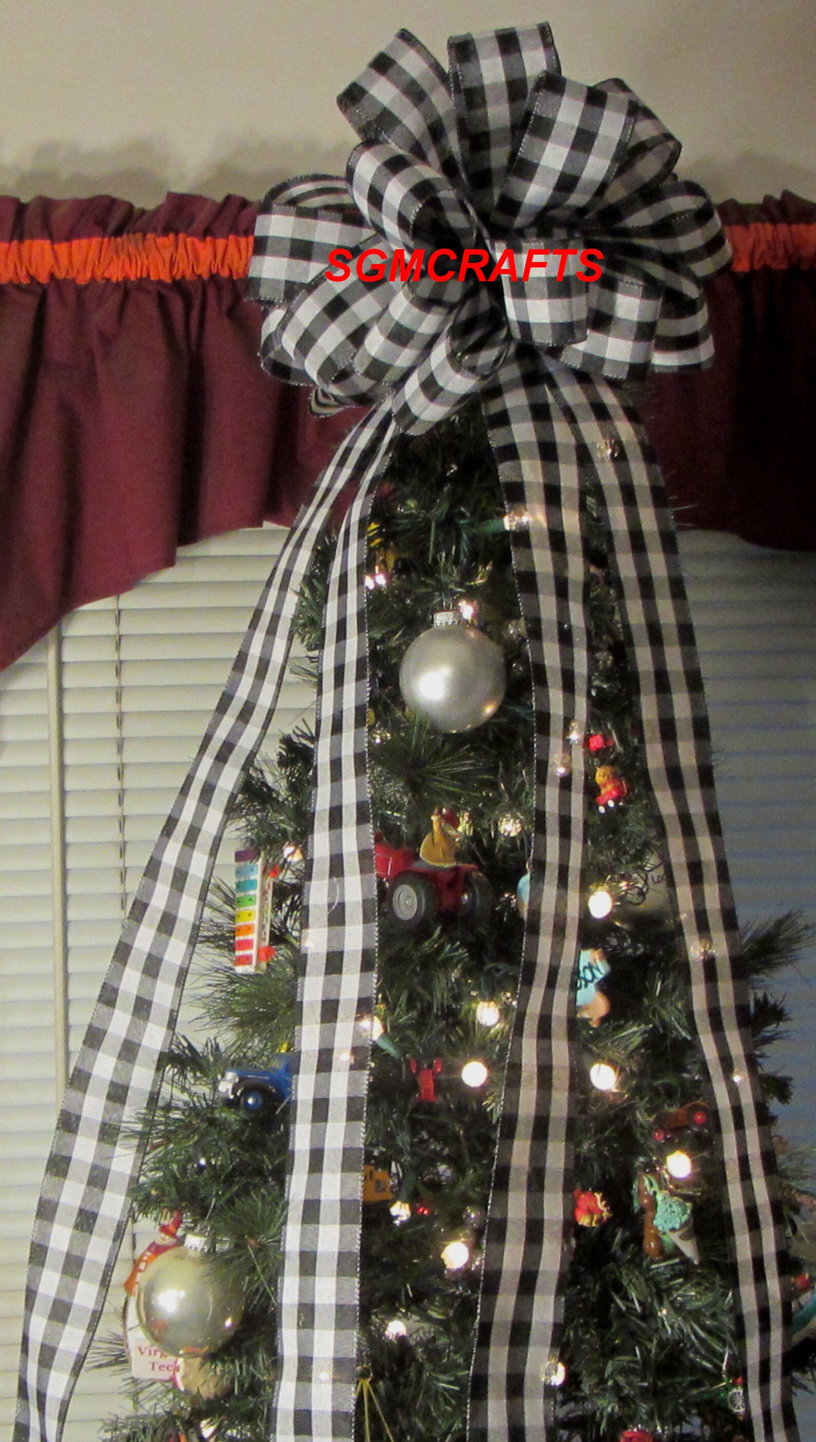 Black and White Tree Topper Bow Black and White Plaid Tree Etsy