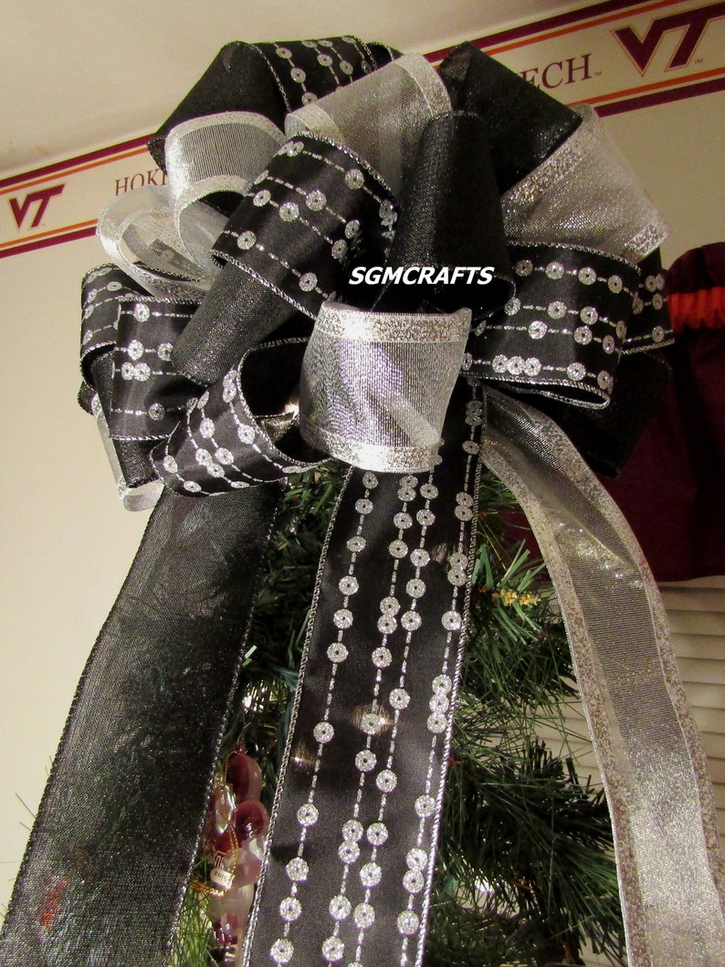 Black and Silver Christmas Tree Topper Bow Holiday Tree Topper Etsy