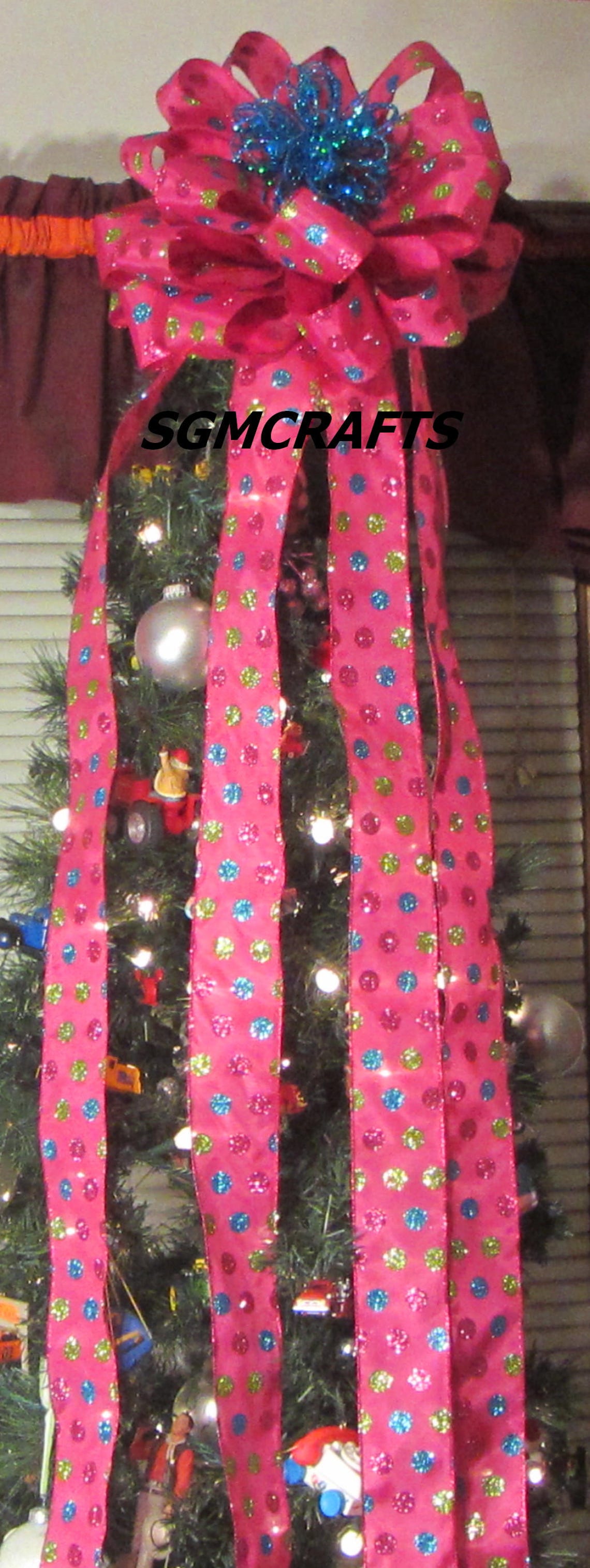 Pink Polka Dot Wired Ribbon Christmas Tree Topper Bow Etsy