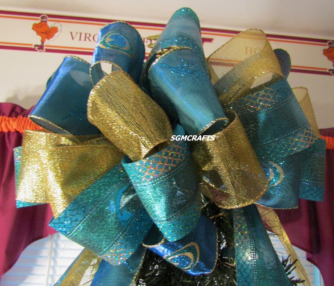 Peacock Theme Wired Ribbon Tree Topper Bow Turquoise and Gold Wired ...
