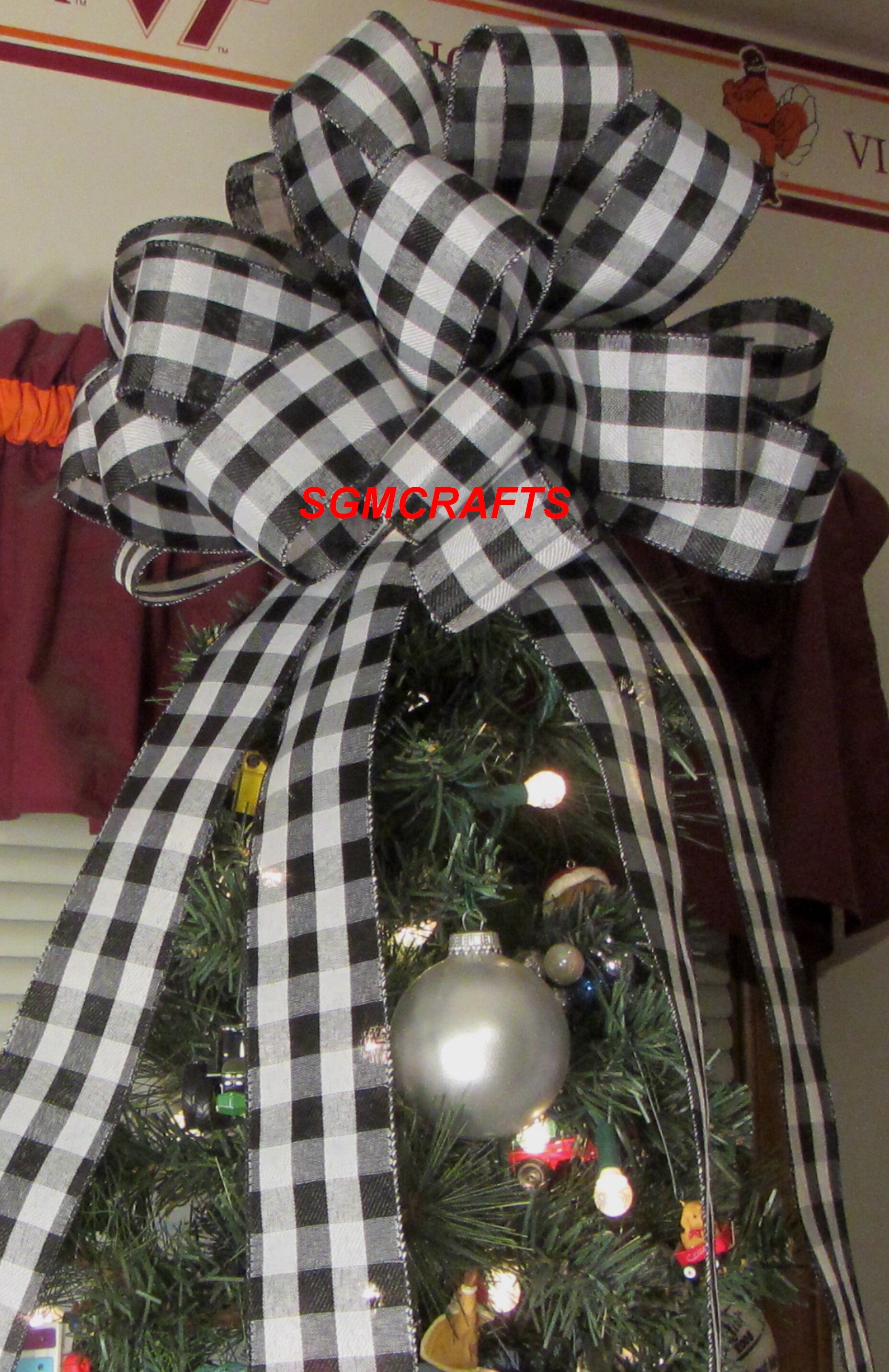Black and White Tree Topper Bow Black and White Plaid Tree Etsy