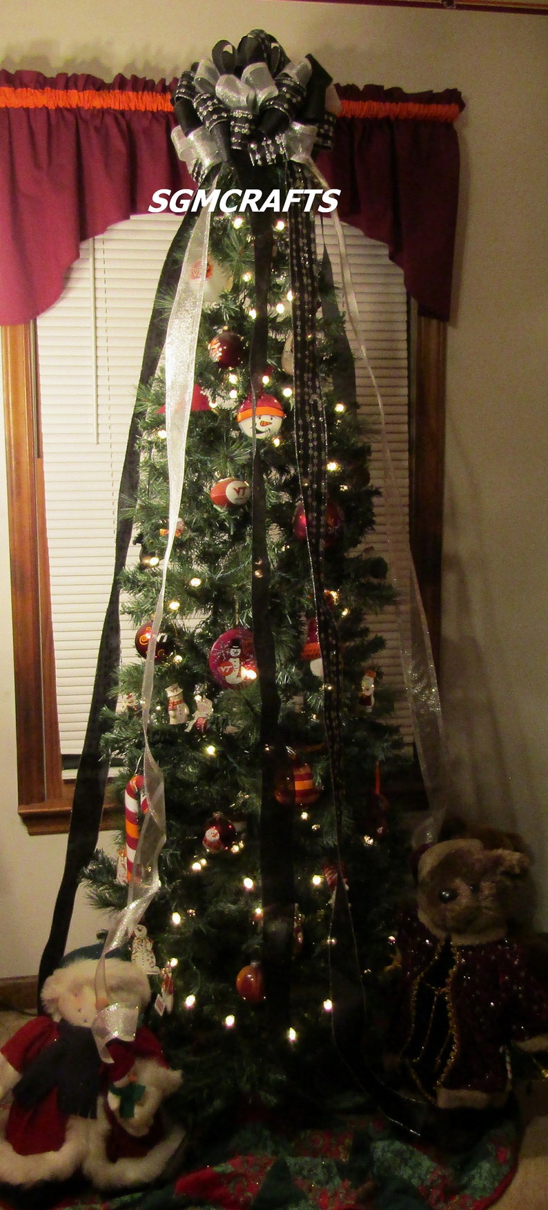 Black and Silver Christmas Tree Topper Bow Holiday Tree Topper Etsy
