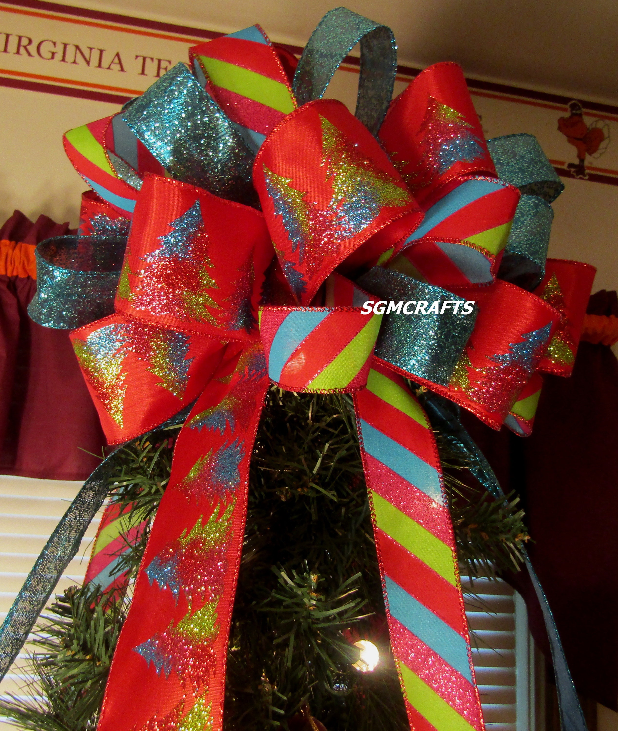 Christmas Tree Topper Bow Red Pink Turquoise and Lime Xmas Tree Bow ...