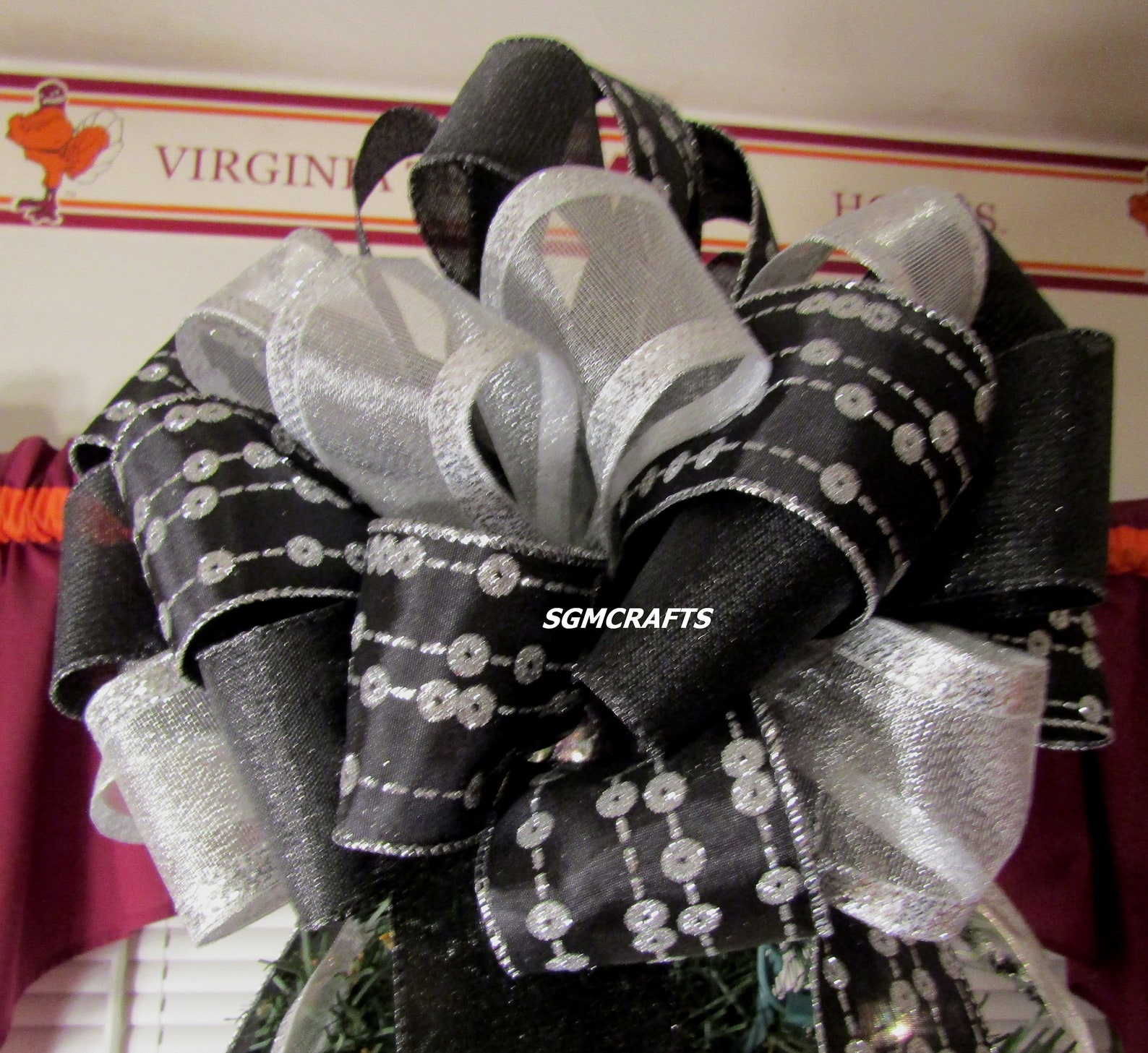 Black and Silver Christmas Tree Topper Bow Holiday Tree Topper Etsy