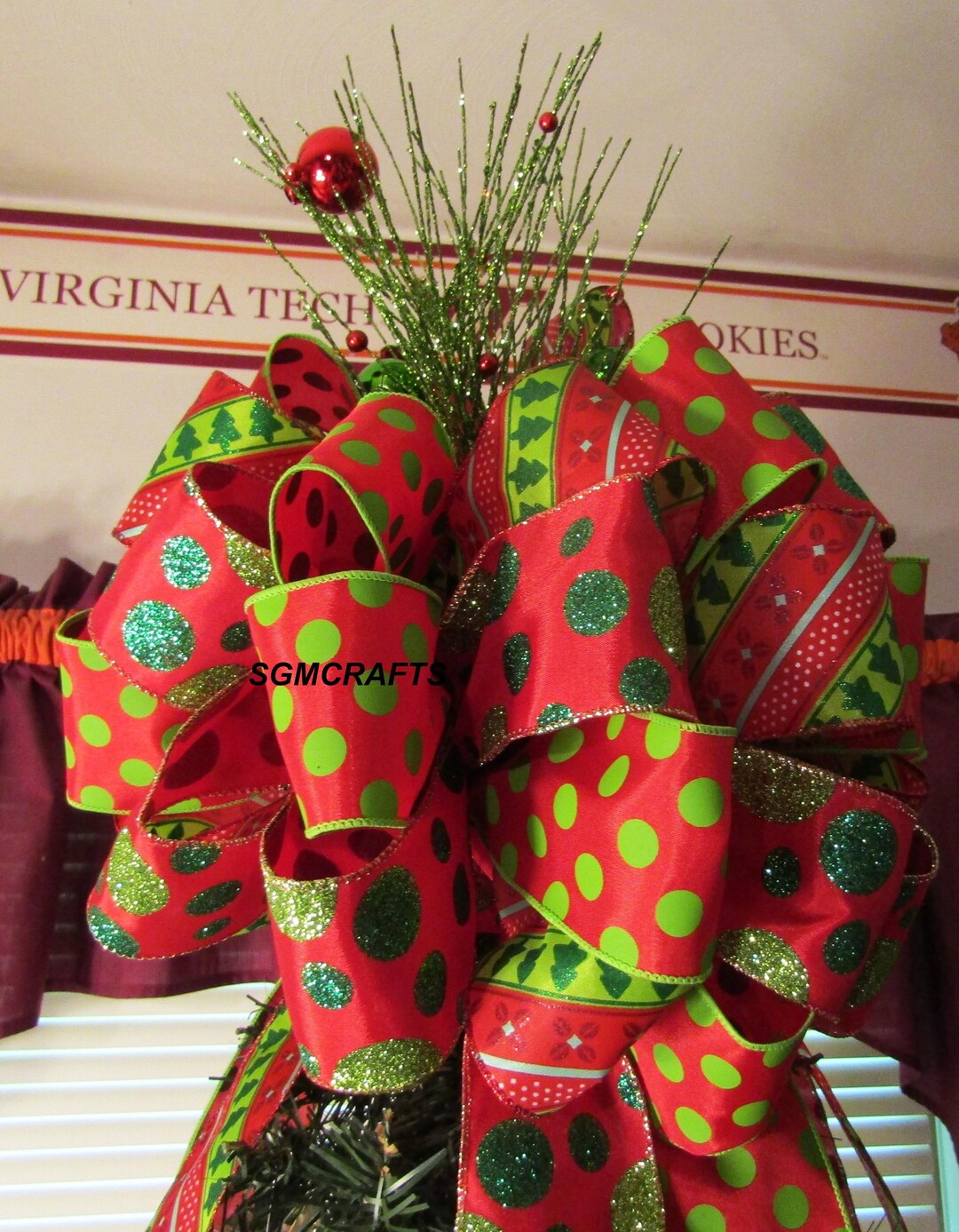 Red and Green Christmas Tree Topper Bow Red and Green Wired Ribbon Bow ...