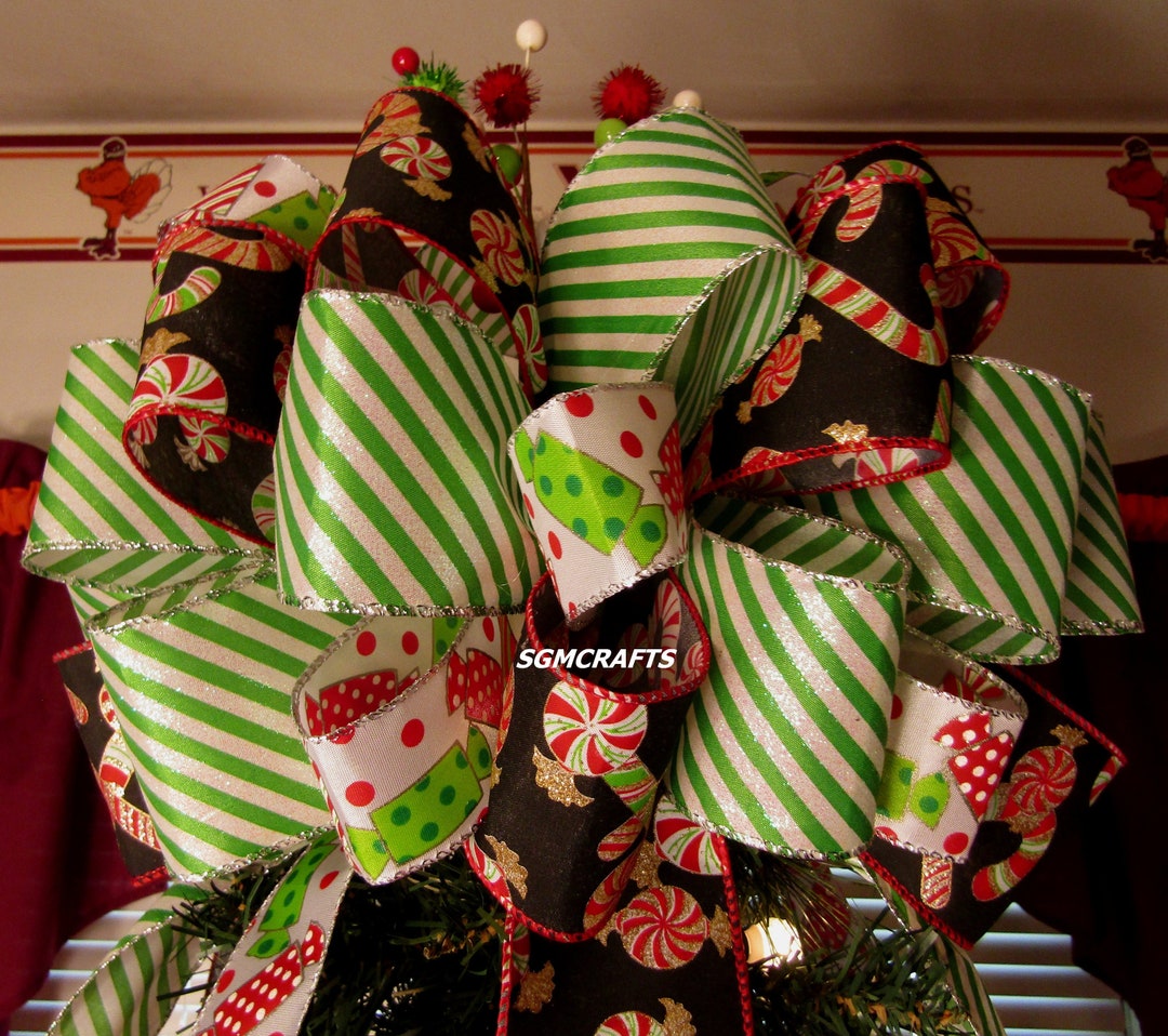 Christmas Candy Wired Ribbon Tree Topper Bow Holiday Tree Topper Bow