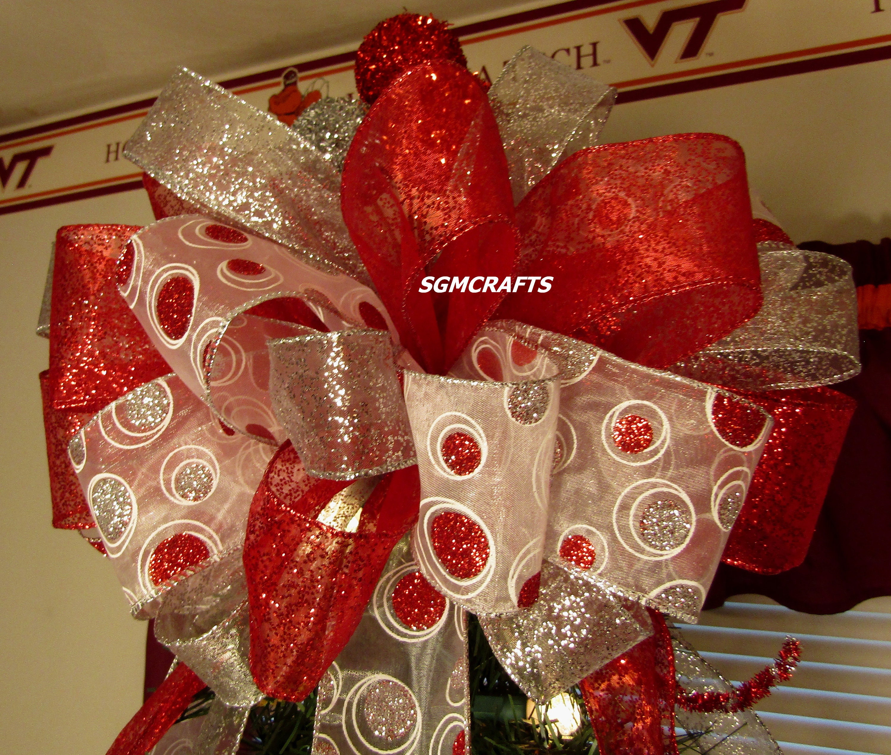 Silver and Red Polka Dot Wired Ribbon Christmas Tree Topper Bow Silver ...