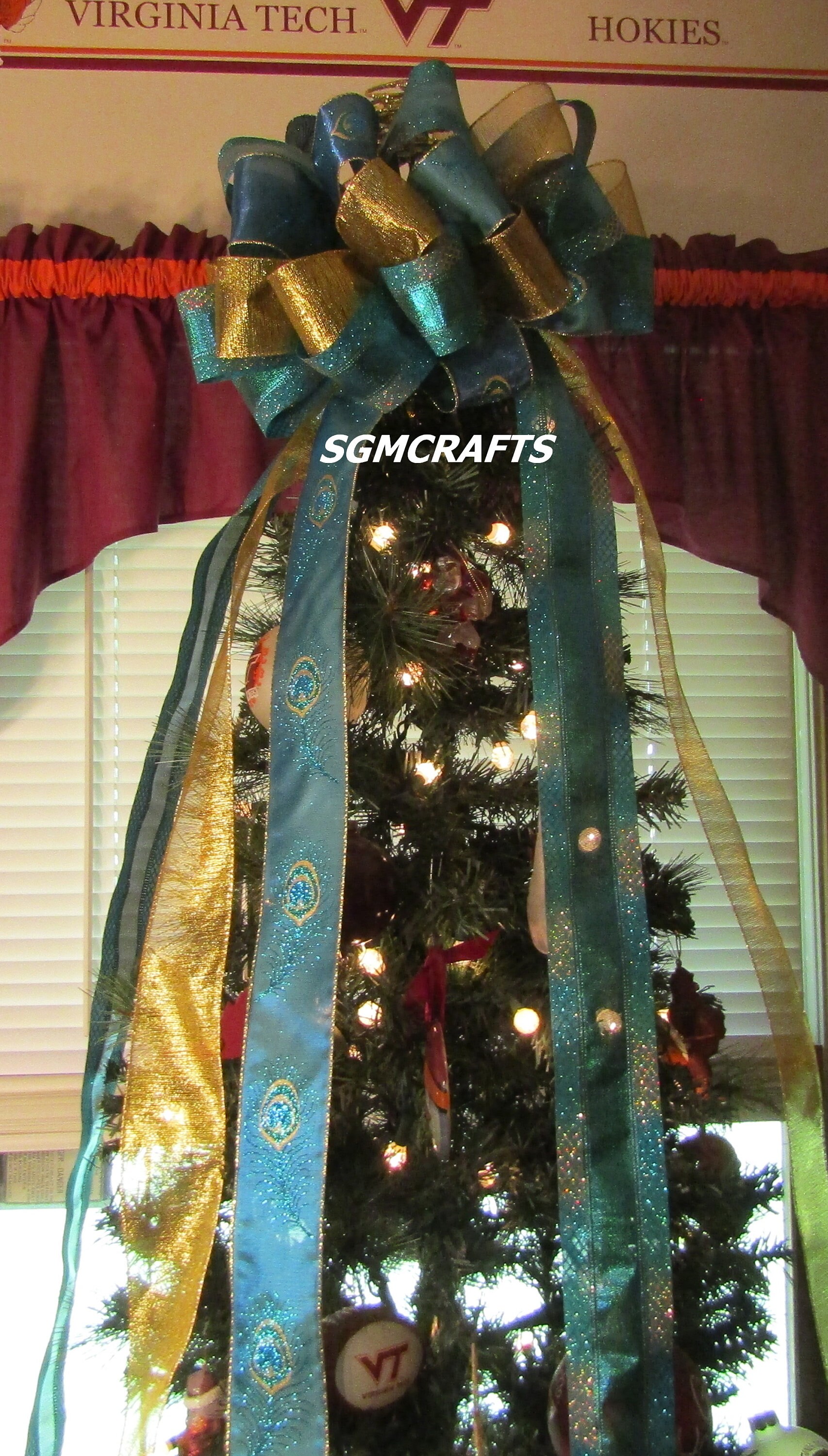 Peacock Theme Wired Ribbon Tree Topper Bow Turquoise and Gold Wired ...