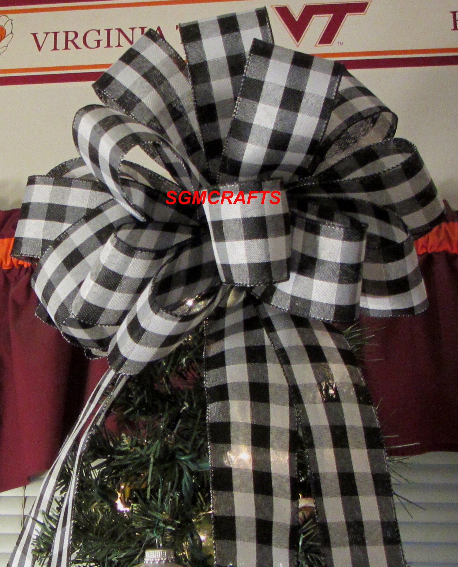 Black and White Tree Topper Bow Black and White Plaid Tree Etsy