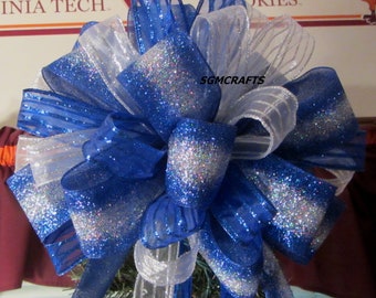 Blue and Silver Christmas Tree Topper Bow Royal Blue and Silver Tree Topper Christmas Tree Topper Holiday Tree Topper Yule Tree Topper Bow