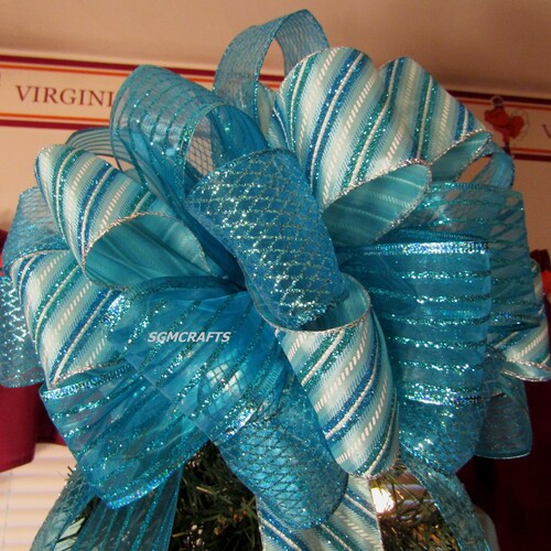 Turquoise Stripe Wired Ribbon Christmas Tree Topper Bow Turquoise Tree Topper Bow Beach Colors Tree Topper Bow Teal Tree Topper Bow