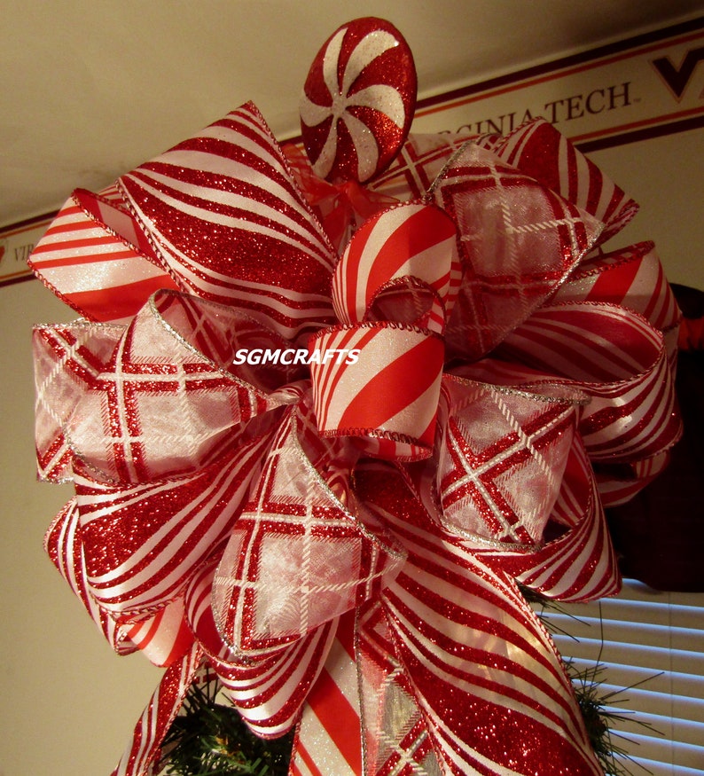 Peppermint Stripe Wired Ribbon Christmas Tree Topper Bow Peppermint ...