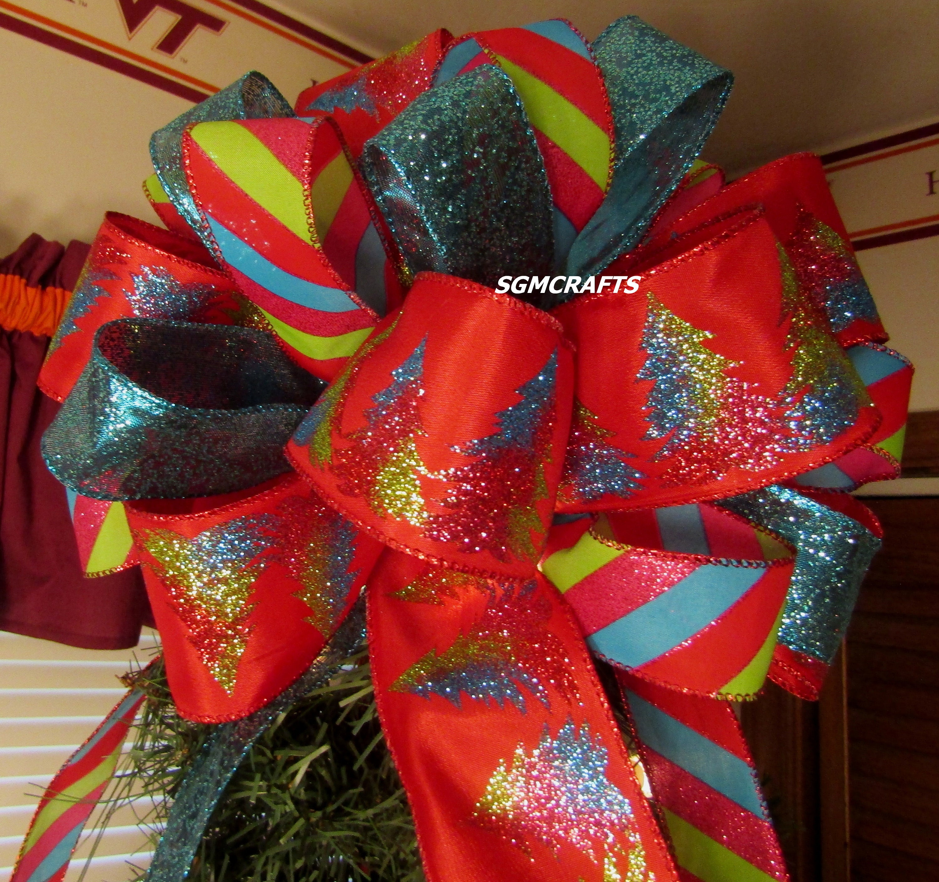 Christmas Tree Topper Bow Red Pink Turquoise and Lime Xmas Tree Bow ...
