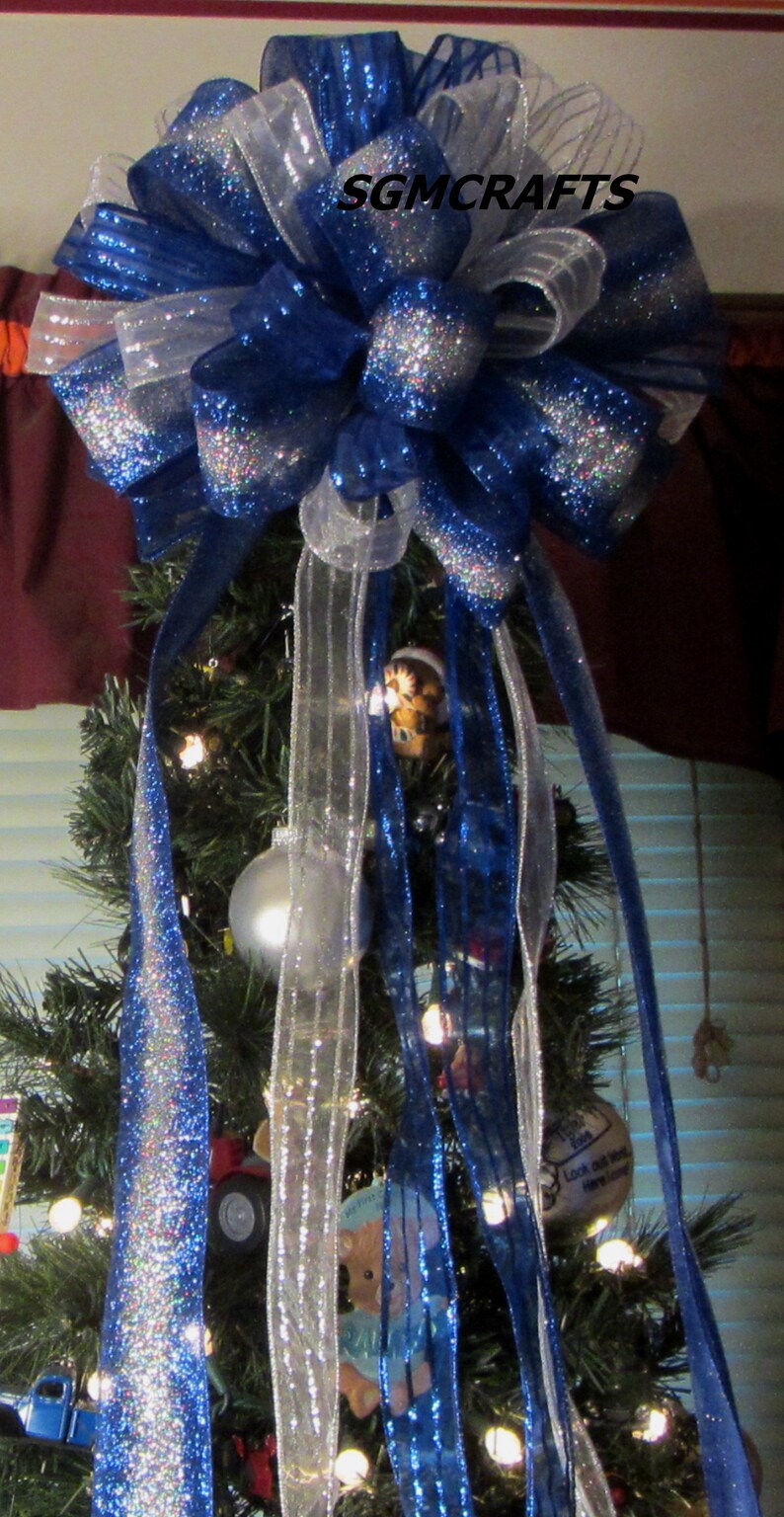 Blue and Silver Christmas Tree Topper Bow Royal Blue and Etsy