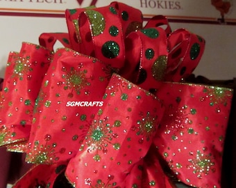 Red and Green Polka Dot Wired Ribbon Christmas Tree Topper Bow Snowflake Tree Topper Bow Red and Green Tree Topper Bow Yule Bow Holiday Bow