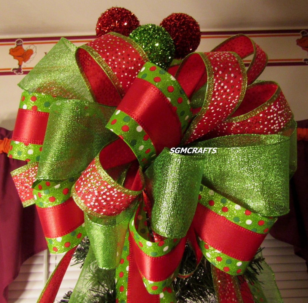 Red and Green Christmas Tree Topper Bow Red and Green Wired Ribbon Bow