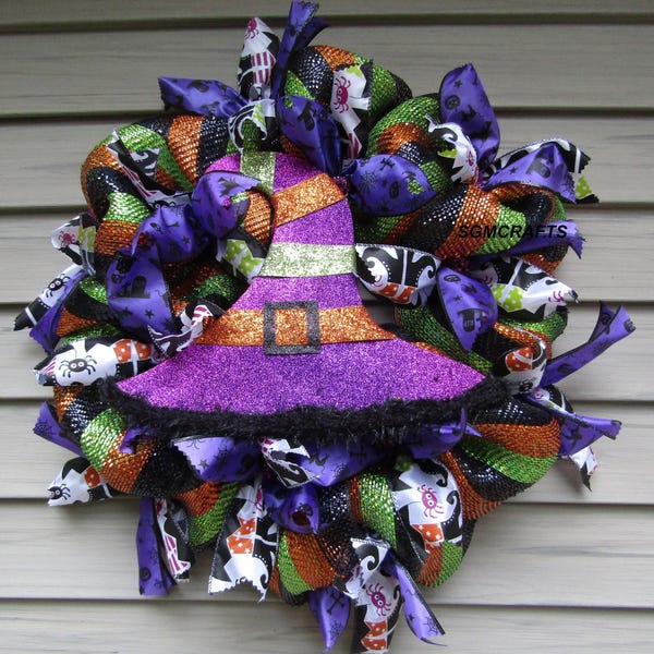 Halloween Wreath Witch Deco Mesh Wreath Witch Hat Wreath Autumn Mesh Wreath Fall Wreath Halloween Decor Halloween Party Wreath Witch Decor