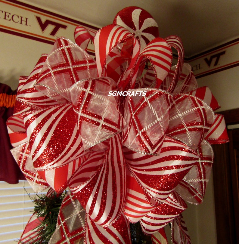 Peppermint Stripe Wired Ribbon Christmas Tree Topper Bow Peppermint ...