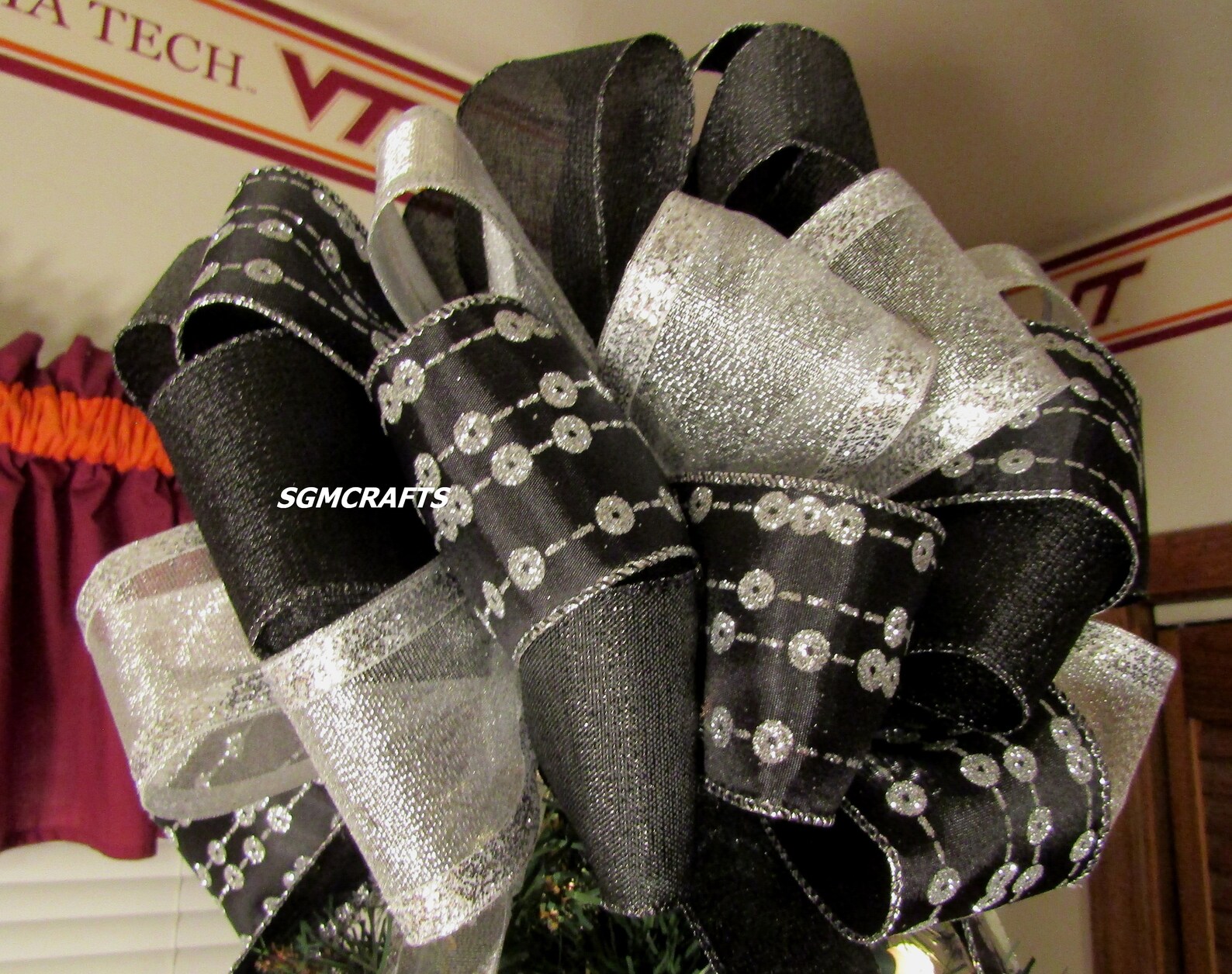 Black and Silver Christmas Tree Topper Bow Holiday Tree Topper Etsy