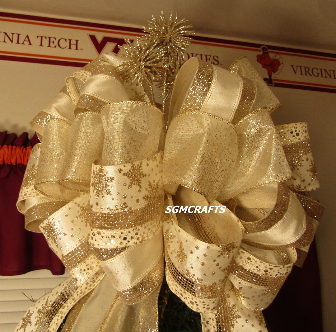 Champagne Wired Ribbon Tree Topper Bow Christmas Tree Topper Etsy