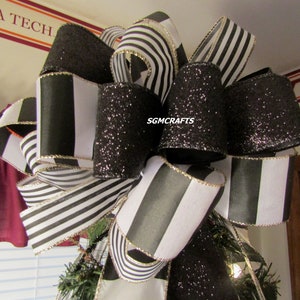 Black and White Christmas Tree Topper Bow Tuxedo Tree Topper Bow Holiday Tree Topper Bow Yule Tree Topper Bow Black and White Decor