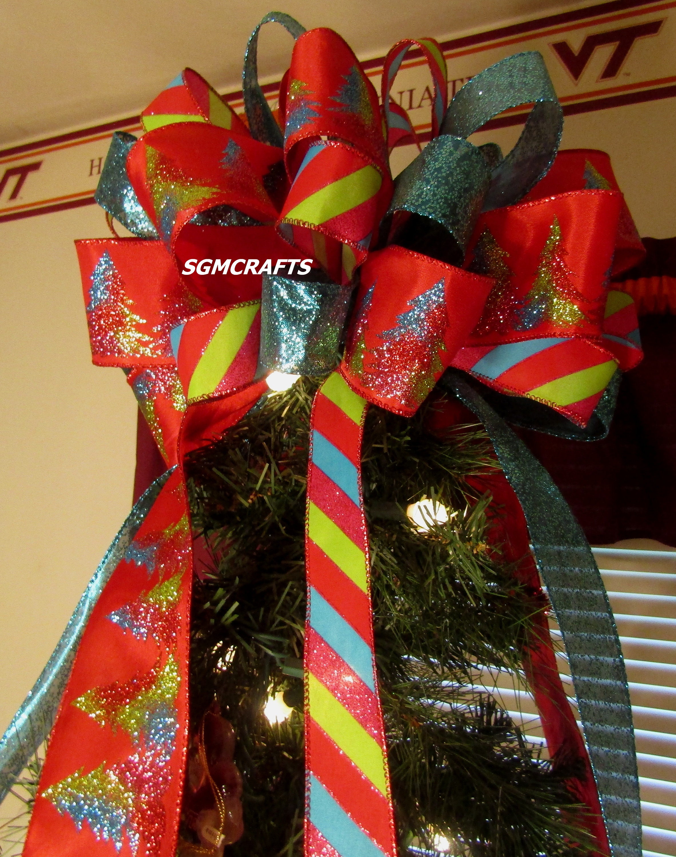 Christmas Tree Topper Bow Red Pink Turquoise and Lime Xmas Tree Bow ...