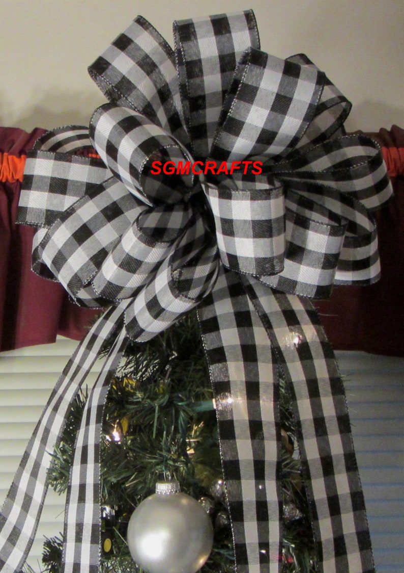 Black and White Tree Topper Bow Black and White Plaid Tree Etsy