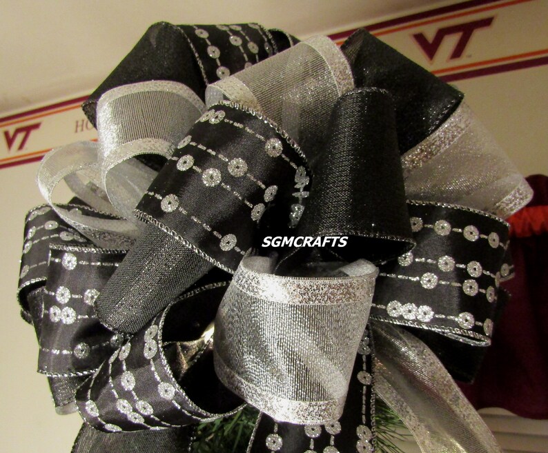 Black and Silver Christmas Tree Topper Bow Holiday Tree Topper Etsy