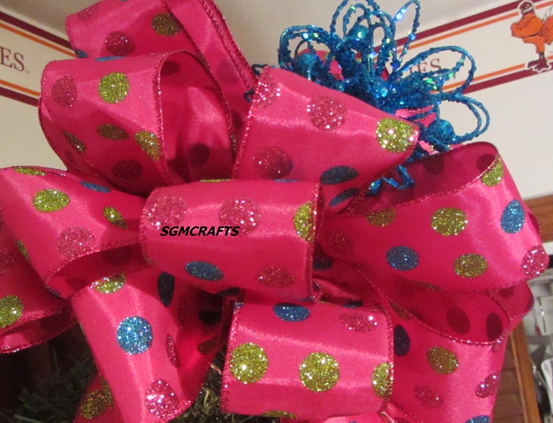 Pink Polka Dot Wired Ribbon Christmas Tree Topper Bow Etsy