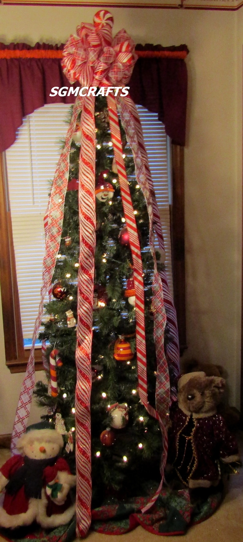 Peppermint Stripe Wired Ribbon Christmas Tree Topper Bow Peppermint ...