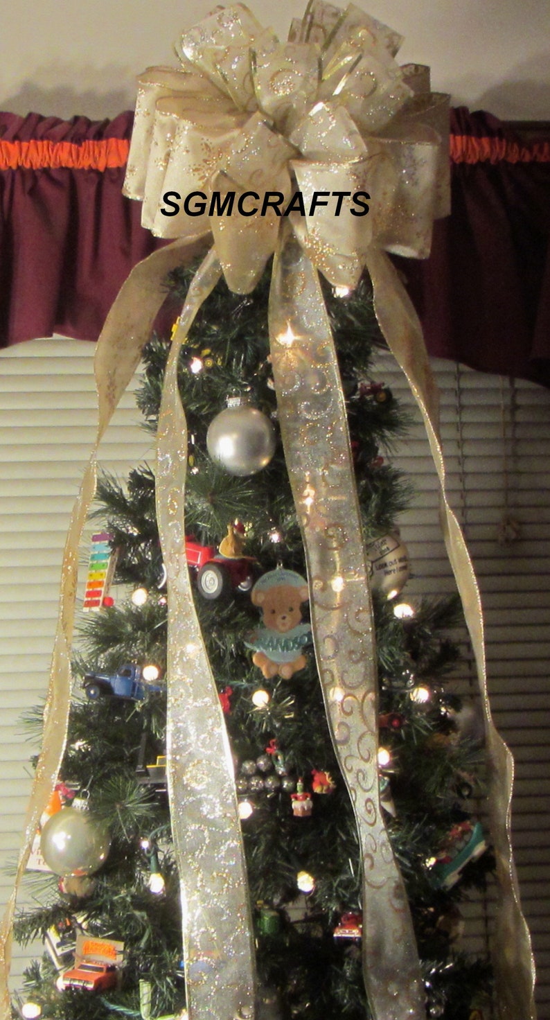 Ivory and Gold Christmas Tree Topper Bow Ivory Tree Topper Christmas Tree Topper Champagne Tree Topper Holiday Tree Topper Yule Tree Topper