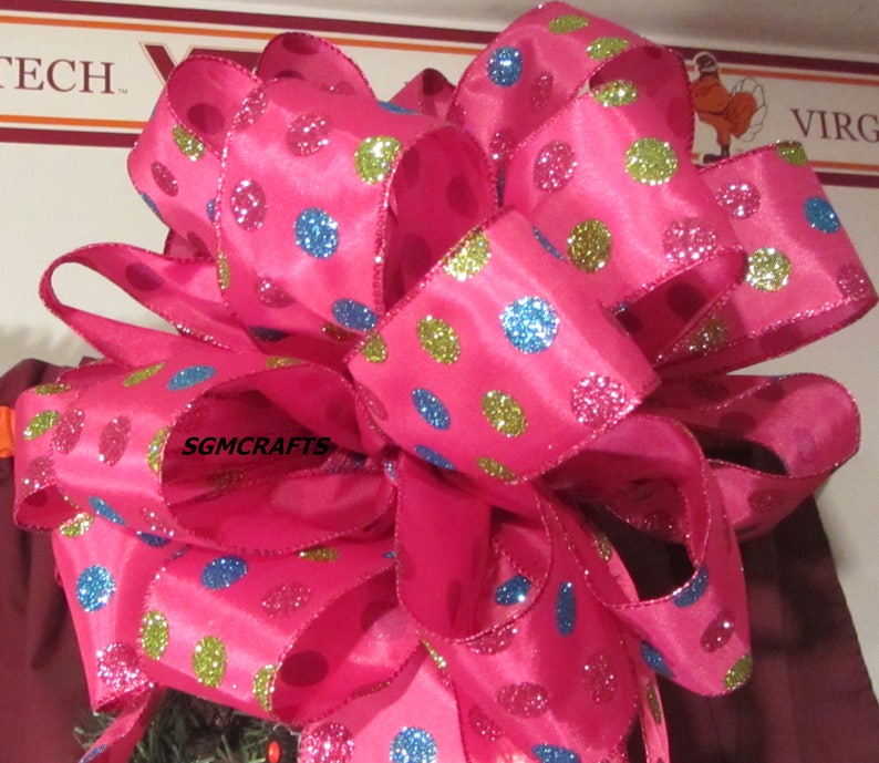 Pink Polka Dot Wired Ribbon Christmas Tree Topper Bow Etsy
