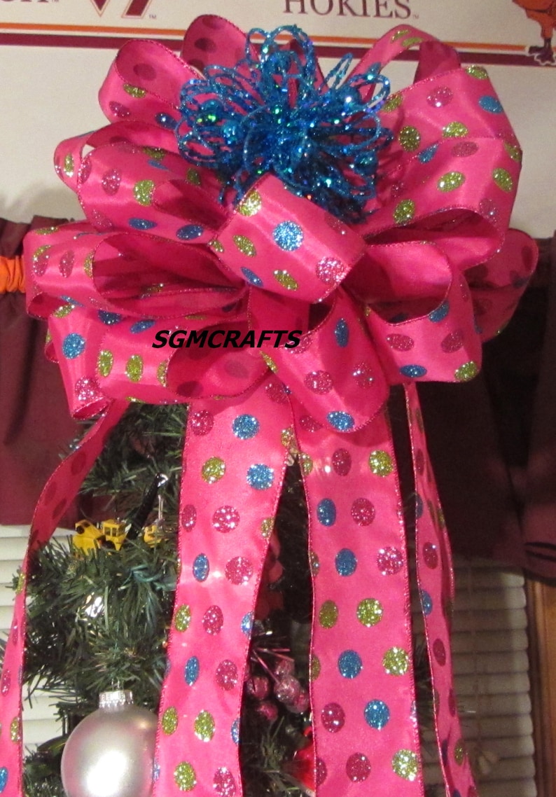Pink Polka Dot Wired Ribbon Christmas Tree Topper Bow Etsy