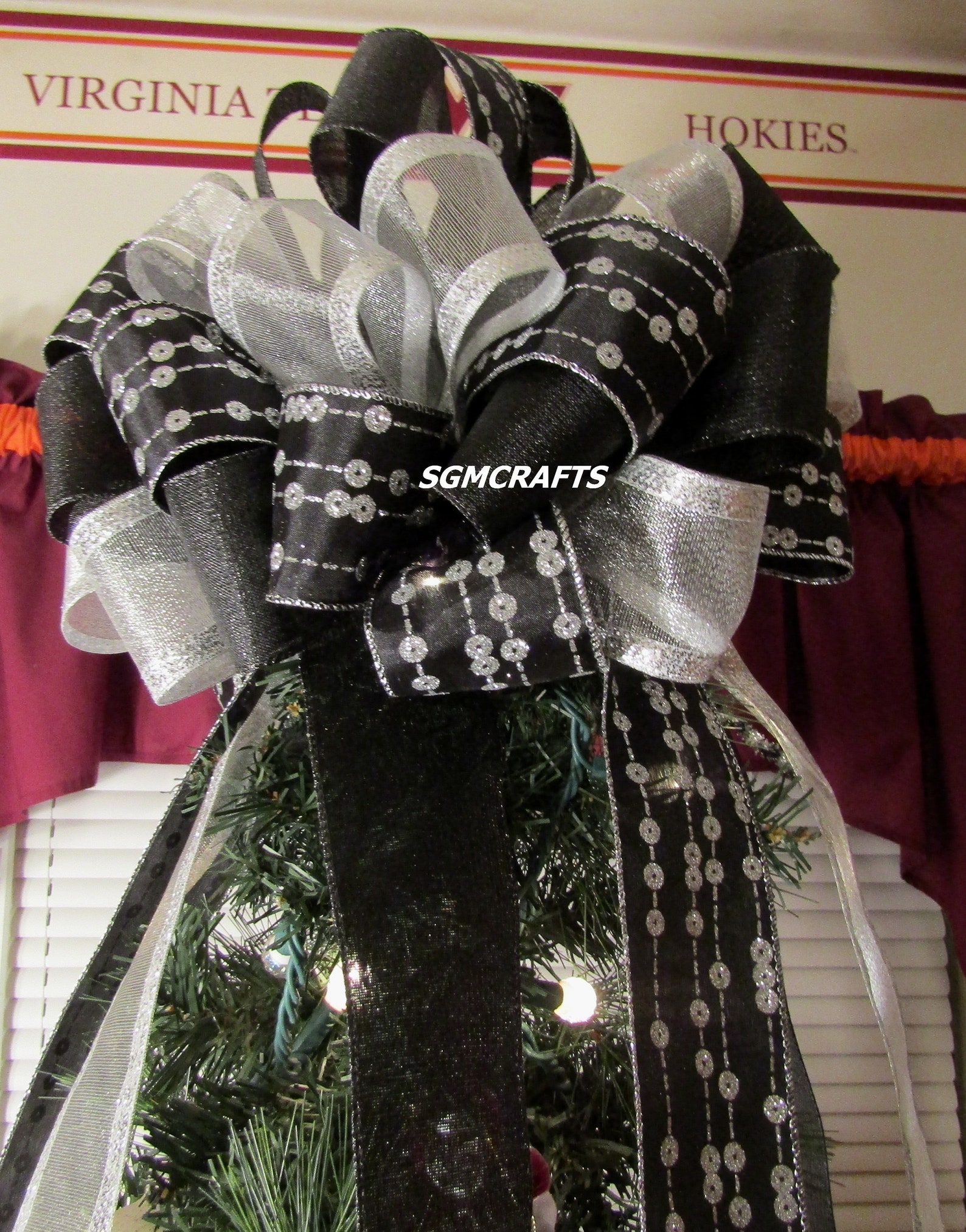 Black and Silver Christmas Tree Topper Bow Holiday Tree Topper Etsy