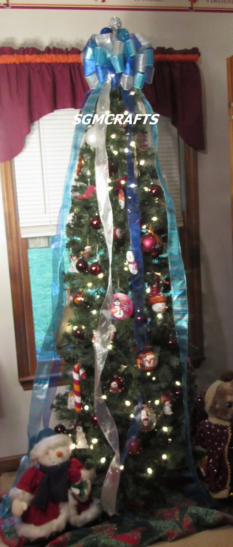 Blue Silver Turquoise Christmas Tree Topper Bow Christmas Wired Ribbon ...