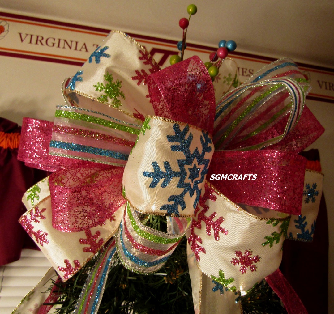 Pink Blue Green Snowflake Tree Topper Bow Christmas Tree Topper Bow ...