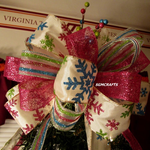 Pink Blue Green Snowflake Tree Topper Bow Christmas Tree Topper Bow Xmas Tree Topper Bow Holiday Tree Topper Yule Tree Topper Bow