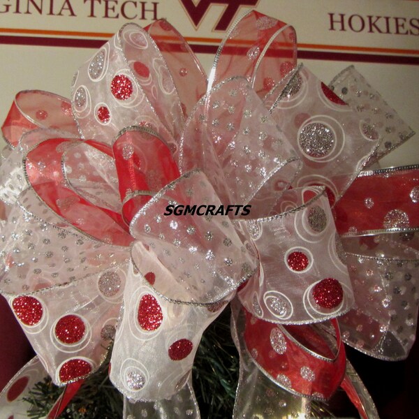 Plata y rojo Polka dot Wired cinta de Navidad árbol topper arco plata y rojo Polka Dot Bow Navidad Topper Arco de vacaciones arco